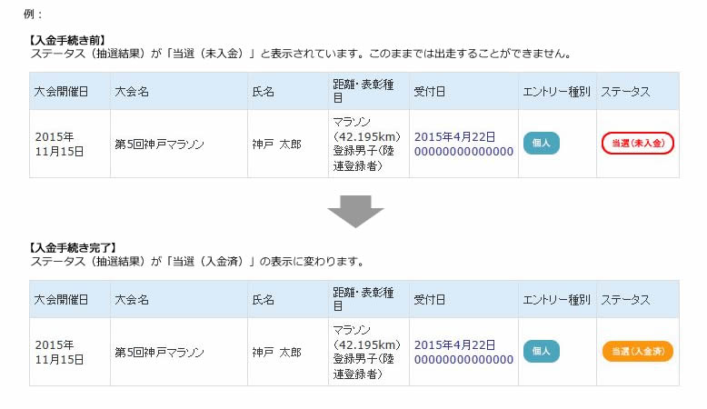 入金手続き前と後の画面表示例