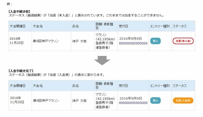 入金手続き前と後の画面表示例