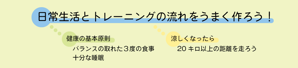 日常生活とトレーニングの流れをうまく作ろう！ 健康の基本原則・・・バランスの取れた3度の食事、十分な睡眠 涼しくなったら・・・20キロ以上の距離を走ろう